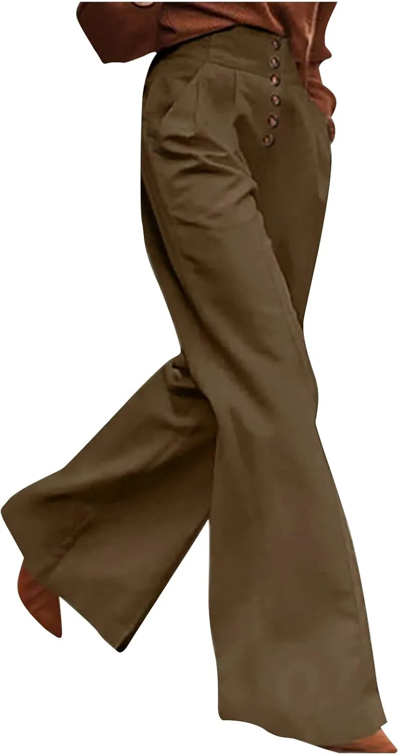 2023 Women High Waist Button Wide Leg Long Pants Dressy Casual Trendy Loose Trouser Pant Lounge Spring Summer Trousers