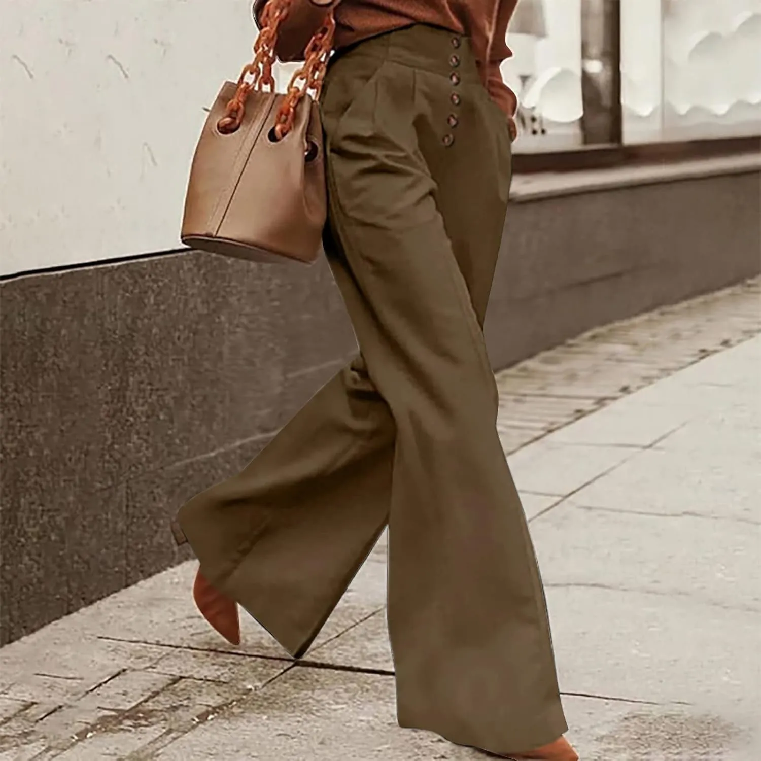 2023 Women High Waist Button Wide Leg Long Pants Dressy Casual Trendy Loose Trouser Pant Lounge Spring Summer Trousers