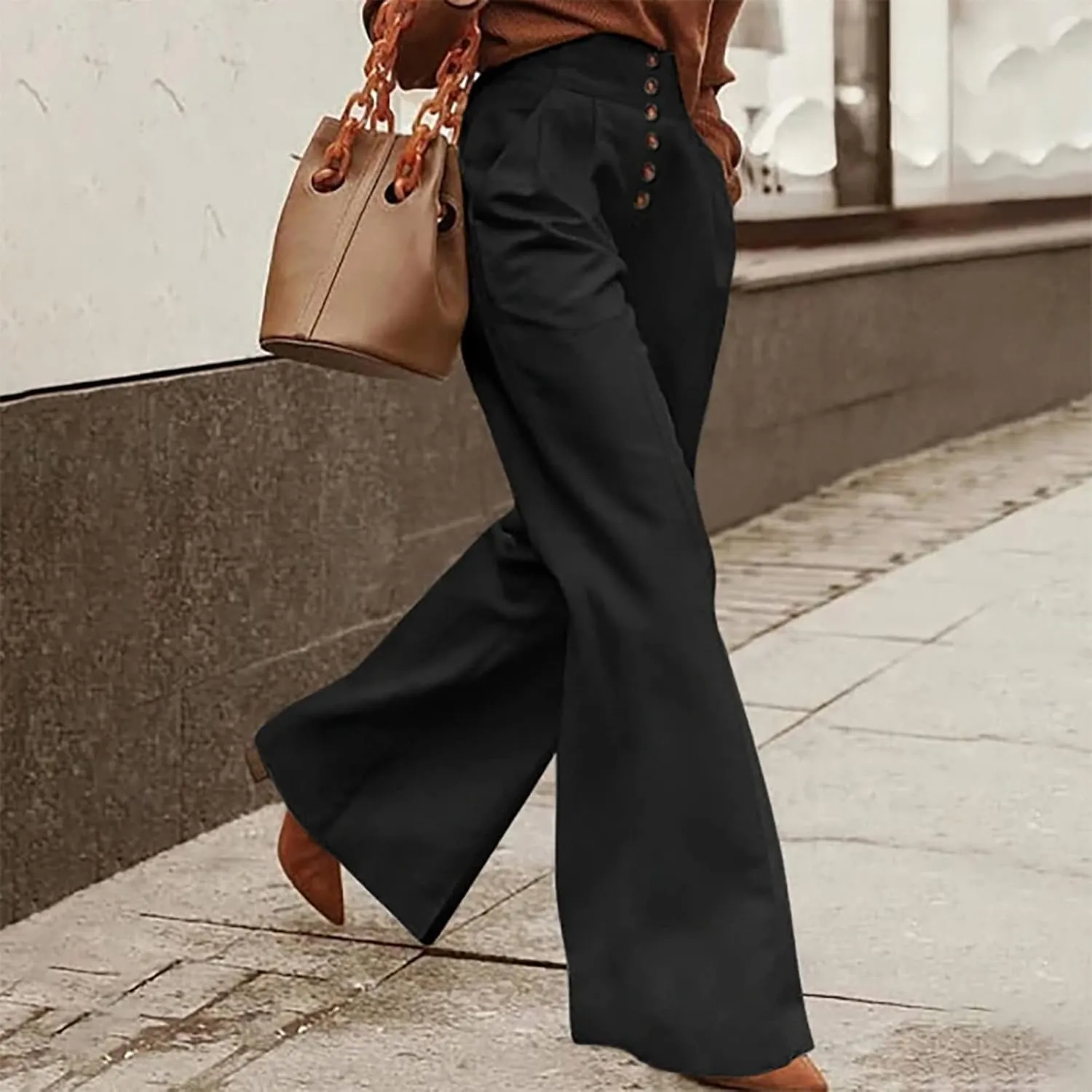 2023 Women High Waist Button Wide Leg Long Pants Dressy Casual Trendy Loose Trouser Pant Lounge Spring Summer Trousers