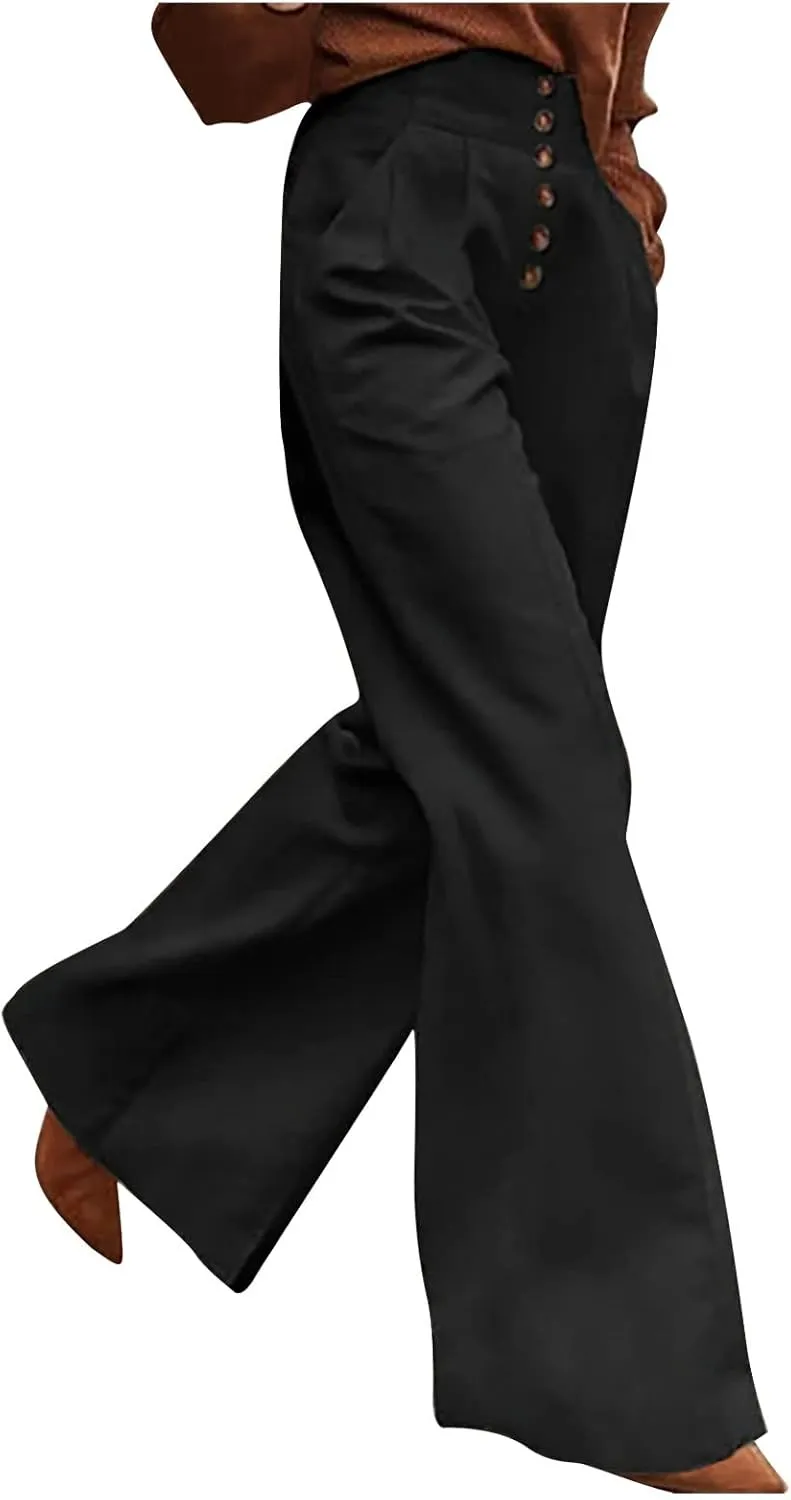 2023 Women High Waist Button Wide Leg Long Pants Dressy Casual Trendy Loose Trouser Pant Lounge Spring Summer Trousers
