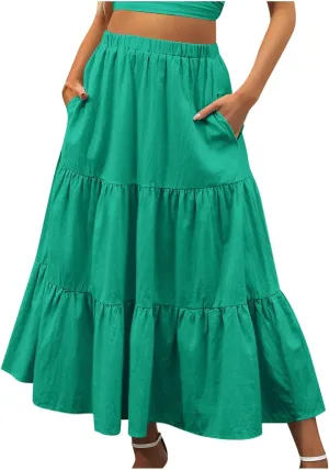 2024 Boho Maxi Skirts for Women Hight Waisted Pleated Ruffle Swing Skirts with Pockets Summer Beach Vacation Clothes