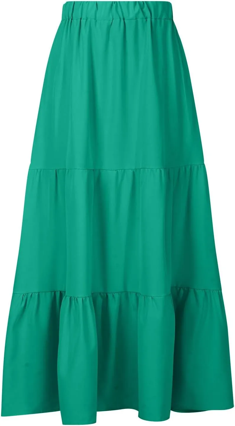 2024 Boho Maxi Skirts for Women Hight Waisted Pleated Ruffle Swing Skirts with Pockets Summer Beach Vacation Clothes