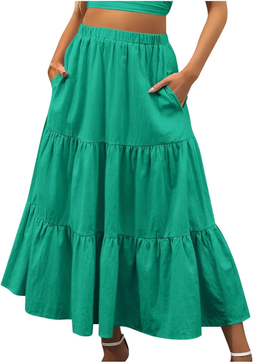 2024 Boho Maxi Skirts for Women Hight Waisted Pleated Ruffle Swing Skirts with Pockets Summer Beach Vacation Clothes
