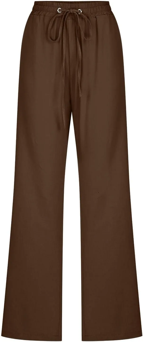 2025 Capri Pants for Women Casual Summer Drawstring Elastic High Waist Linen Pant Straight Leg Cropped