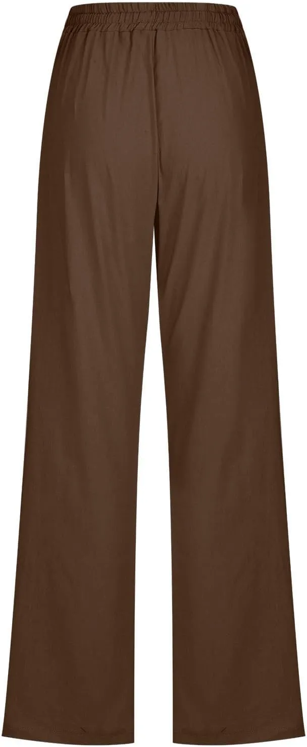 2025 Capri Pants for Women Casual Summer Drawstring Elastic High Waist Linen Pant Straight Leg Cropped