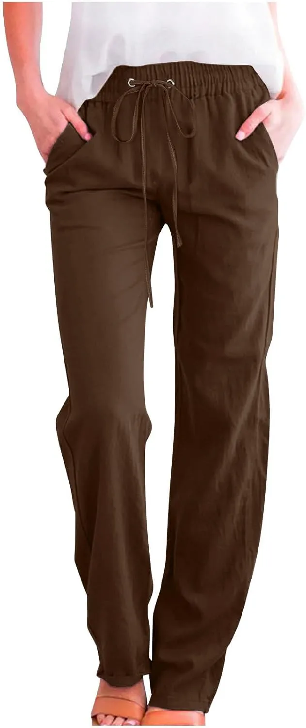 2025 Capri Pants for Women Casual Summer Drawstring Elastic High Waist Linen Pant Straight Leg Cropped