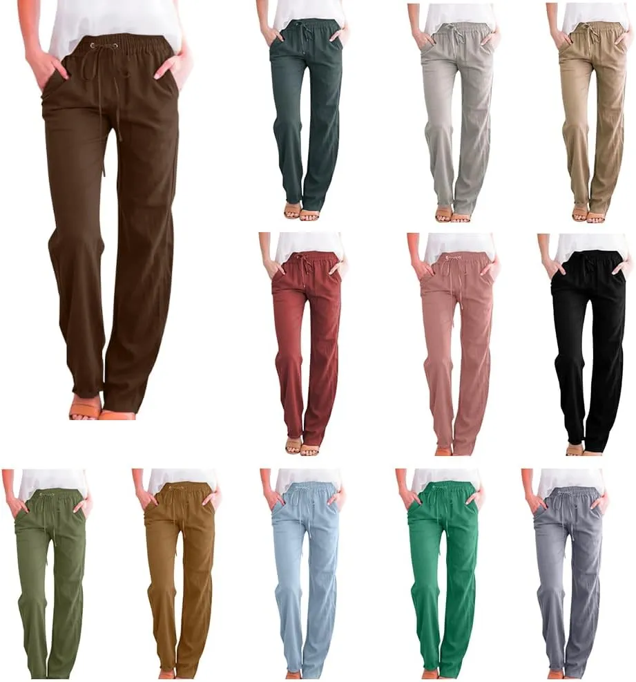 2025 Capri Pants for Women Casual Summer Drawstring Elastic High Waist Linen Pant Straight Leg Cropped
