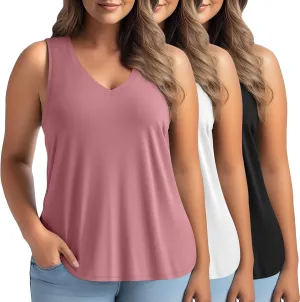 3 Pack Women's Plus Size V Neck Tank Tops Sleeveless Loose Fit Summer Tees Casual Trendy Basic T-Shirts Flat Hem