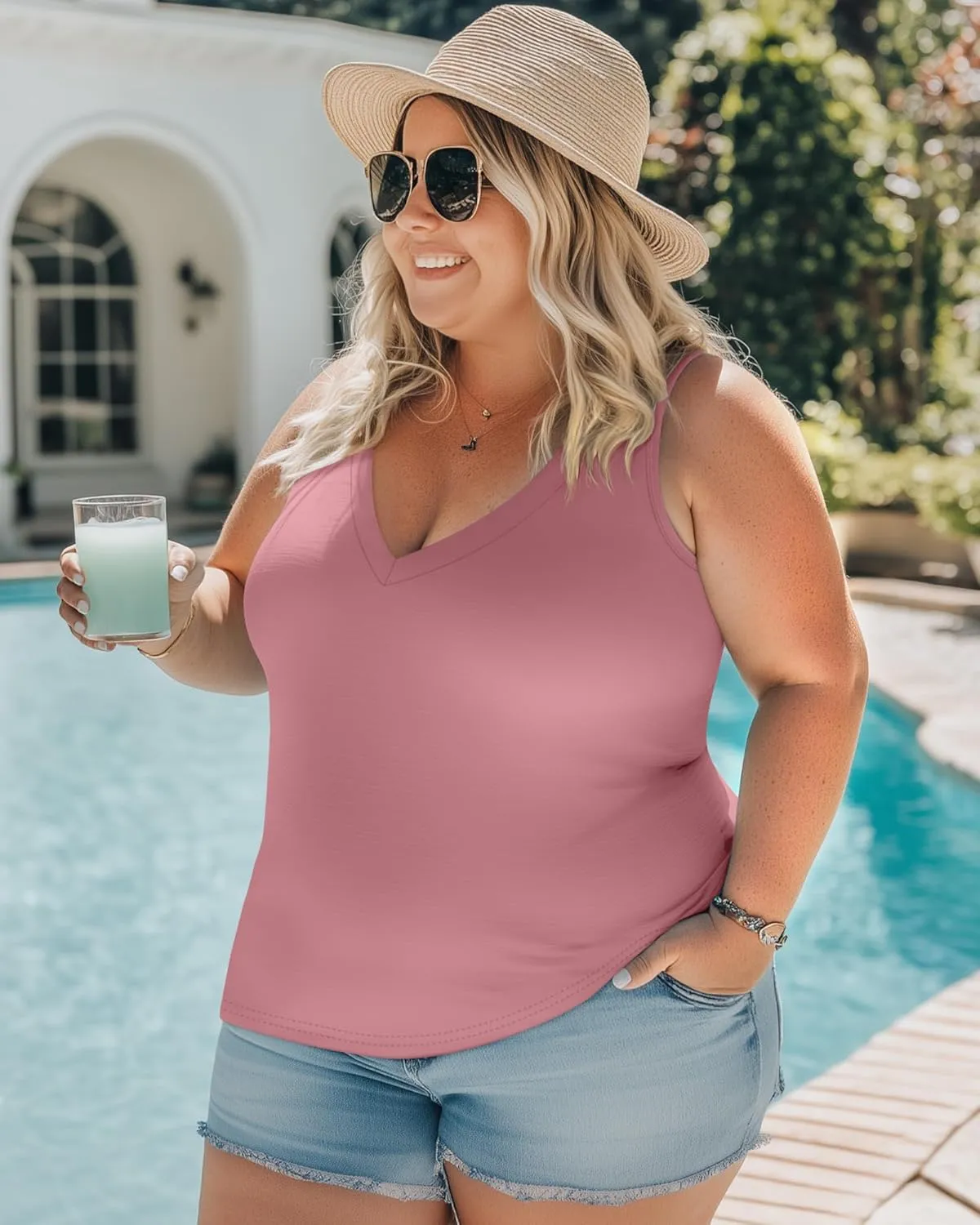 3 Pack Women's Plus Size V Neck Tank Tops Sleeveless Loose Fit Summer Tees Casual Trendy Basic T-Shirts Flat Hem