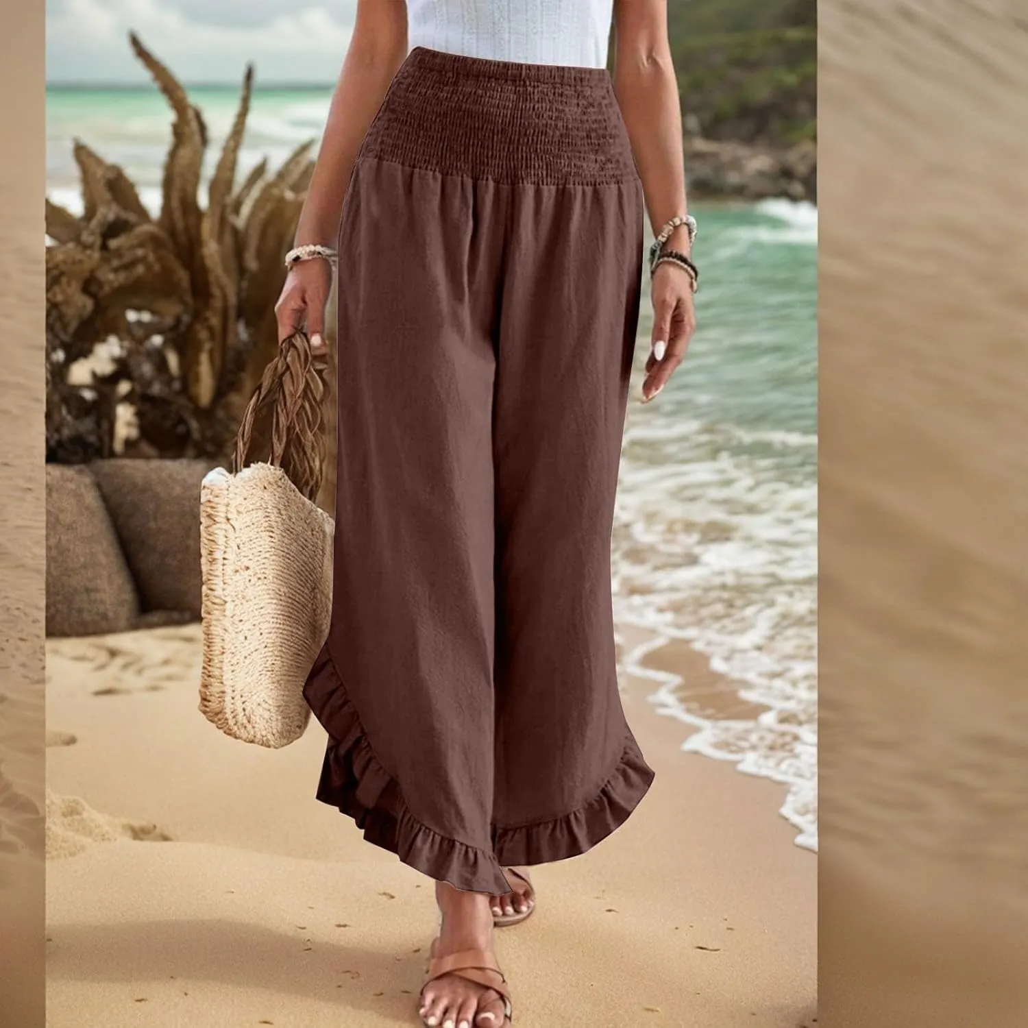 ADHOWBEW Linen Pants for Women Work High Waisted Lounge Plus Size Stretch Cotton Casual Dressy Flowy Pants Bottoms