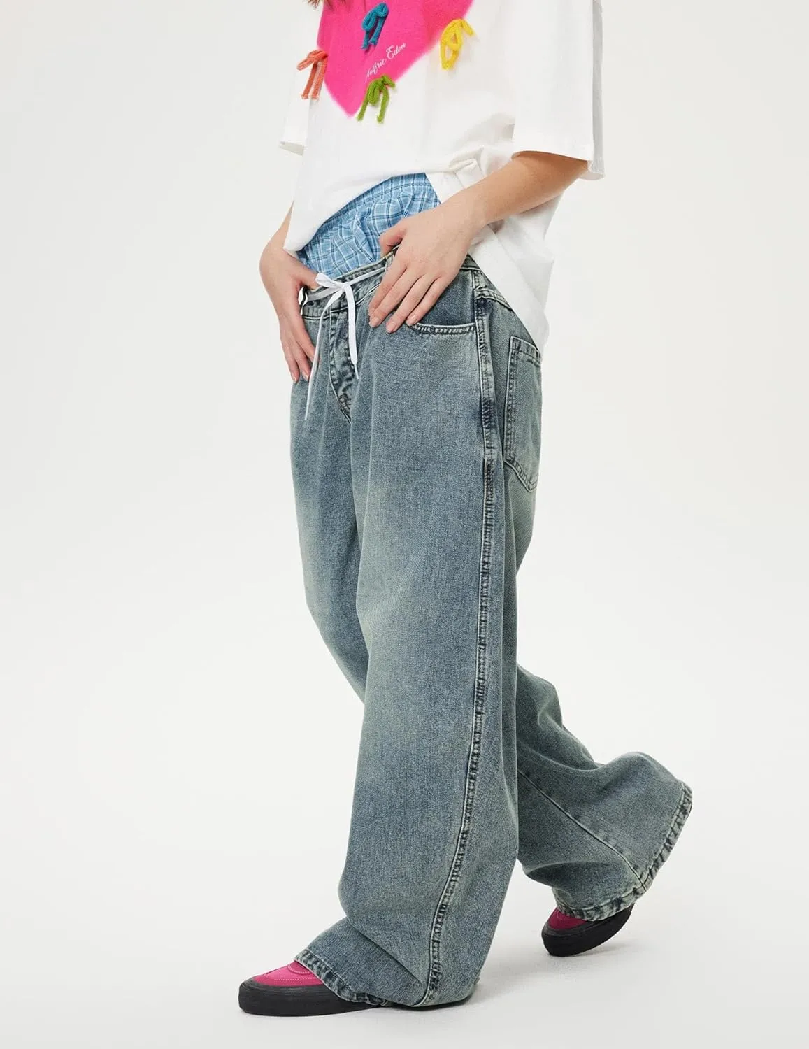 Aelfric Eden Double Waist Loose Sagging Jeans Baggy Denim Pants High Waist Stretchy Straight Wide Leg Jeans