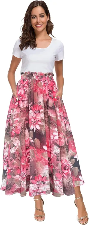 Afibi Women High Waist Floral Print Swing Chiffon Beach Midi Long Skirt with Pockets