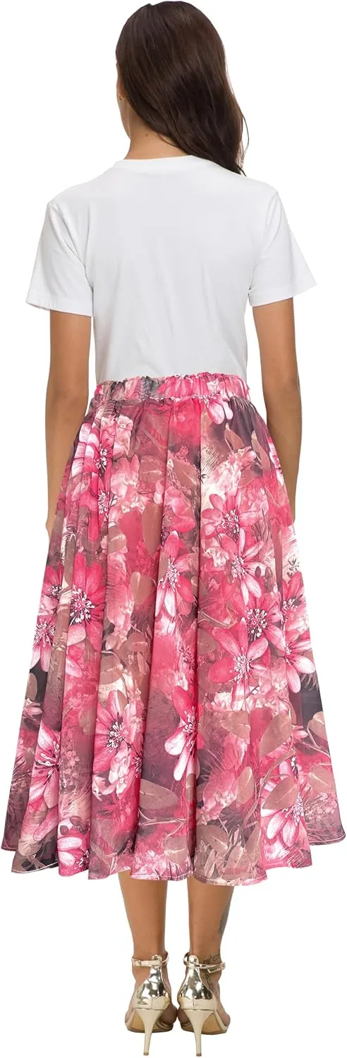 Afibi Women High Waist Floral Print Swing Chiffon Beach Midi Long Skirt with Pockets