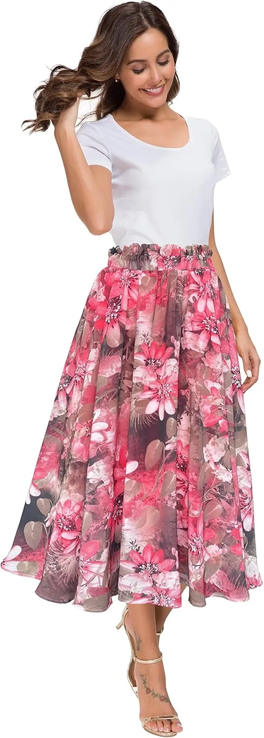 Afibi Women High Waist Floral Print Swing Chiffon Beach Midi Long Skirt with Pockets