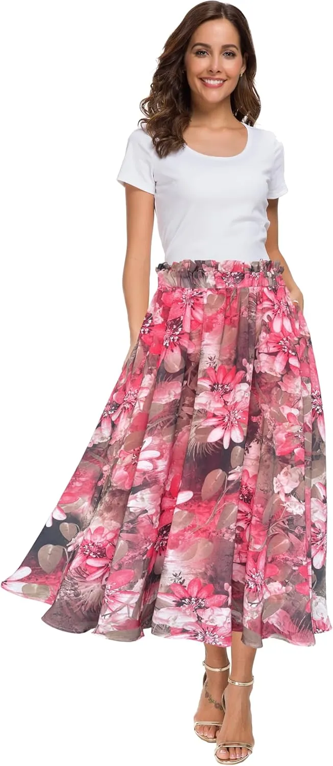 Afibi Women High Waist Floral Print Swing Chiffon Beach Midi Long Skirt with Pockets