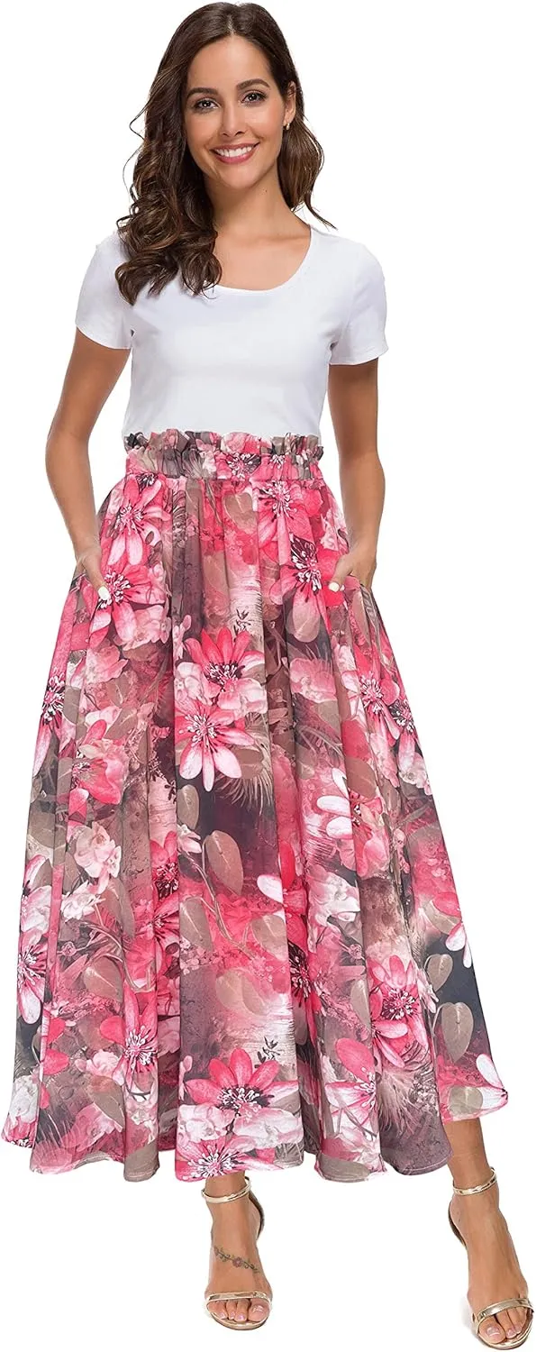 Afibi Women High Waist Floral Print Swing Chiffon Beach Midi Long Skirt with Pockets