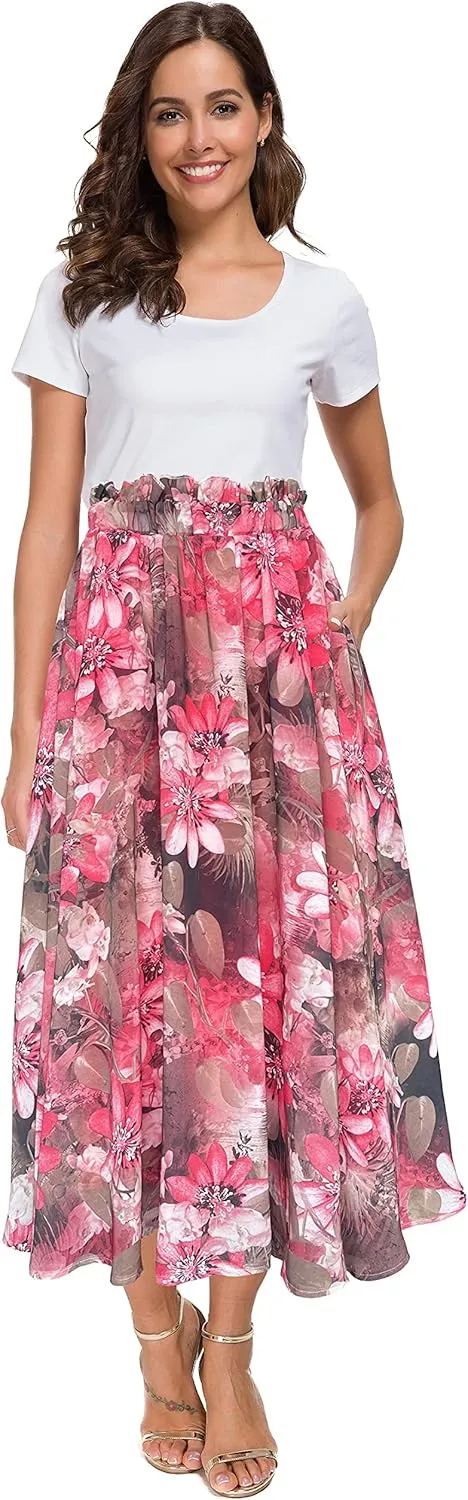 Afibi Women High Waist Floral Print Swing Chiffon Beach Midi Long Skirt with Pockets