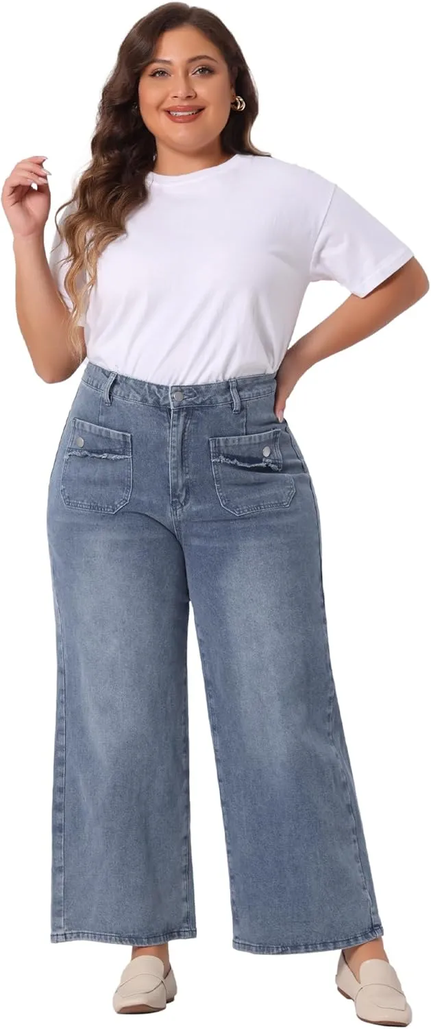 Agnes Orinda Plus Size Jeans for Women Wide Leg Washed Stretch with Pockets Palazzo Denim Jeans