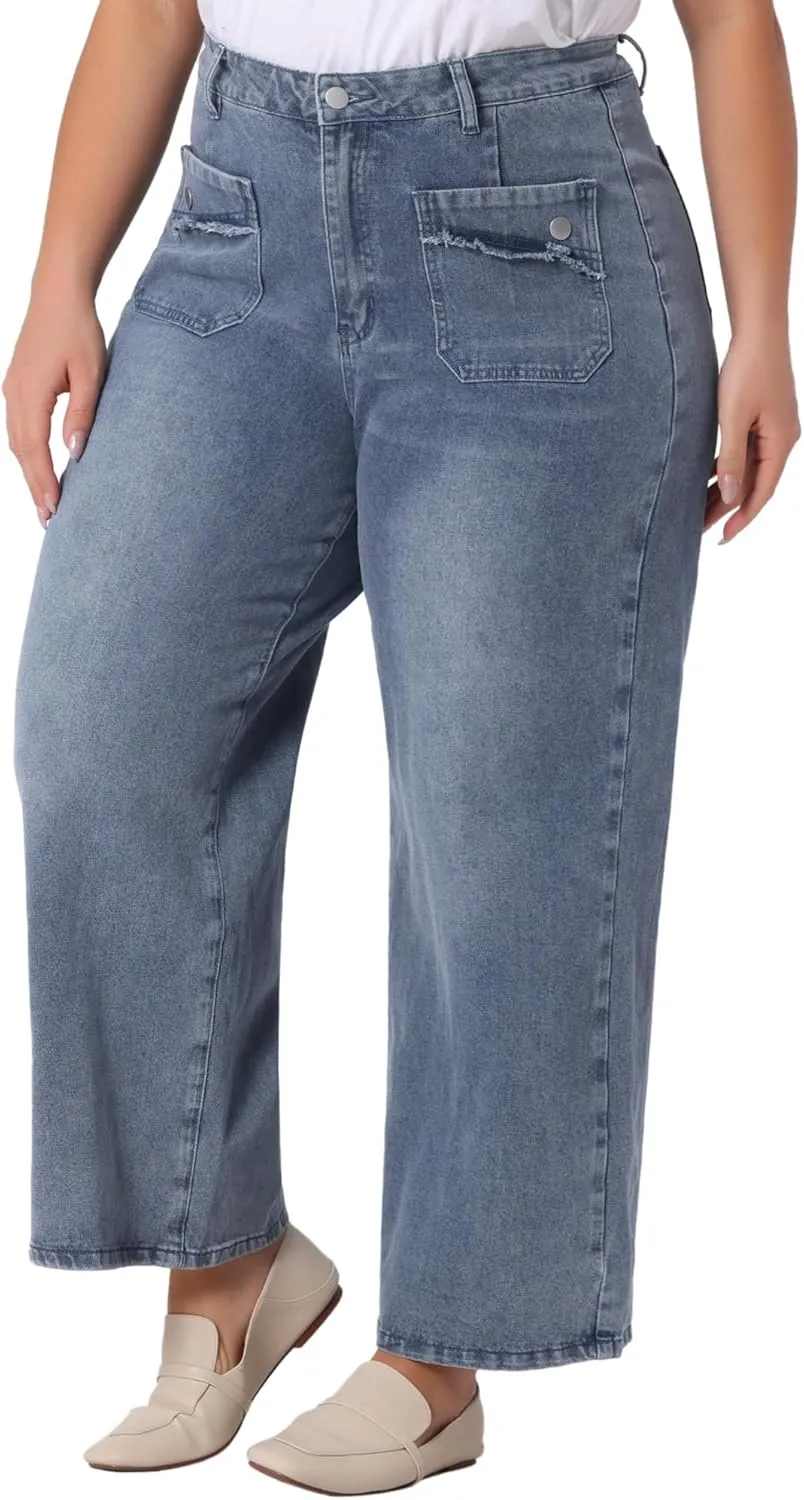 Agnes Orinda Plus Size Jeans for Women Wide Leg Washed Stretch with Pockets Palazzo Denim Jeans