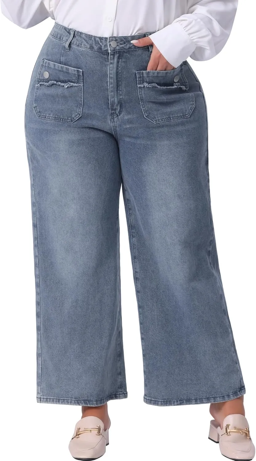 Agnes Orinda Plus Size Jeans for Women Wide Leg Washed Stretch with Pockets Palazzo Denim Jeans