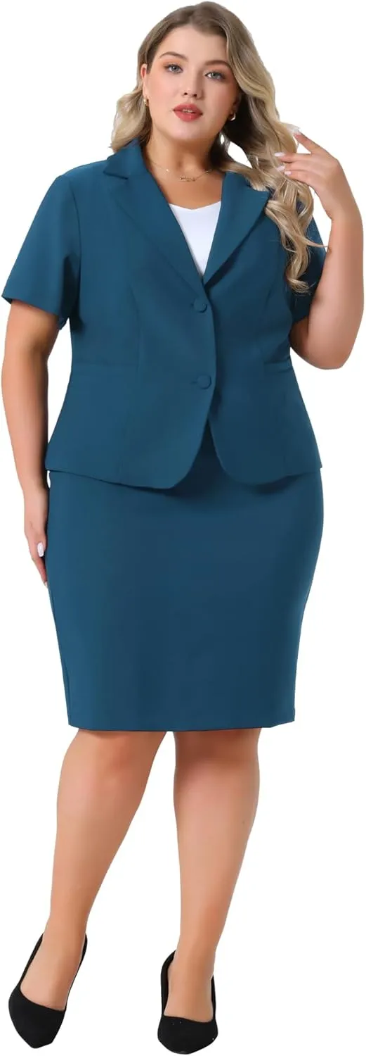 Agnes Orinda Plus Size Women Blazer Suits Notch Lapel Short Sleeve Office Pencil Skirt Business Skirt Set