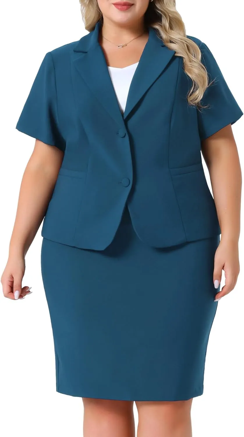 Agnes Orinda Plus Size Women Blazer Suits Notch Lapel Short Sleeve Office Pencil Skirt Business Skirt Set