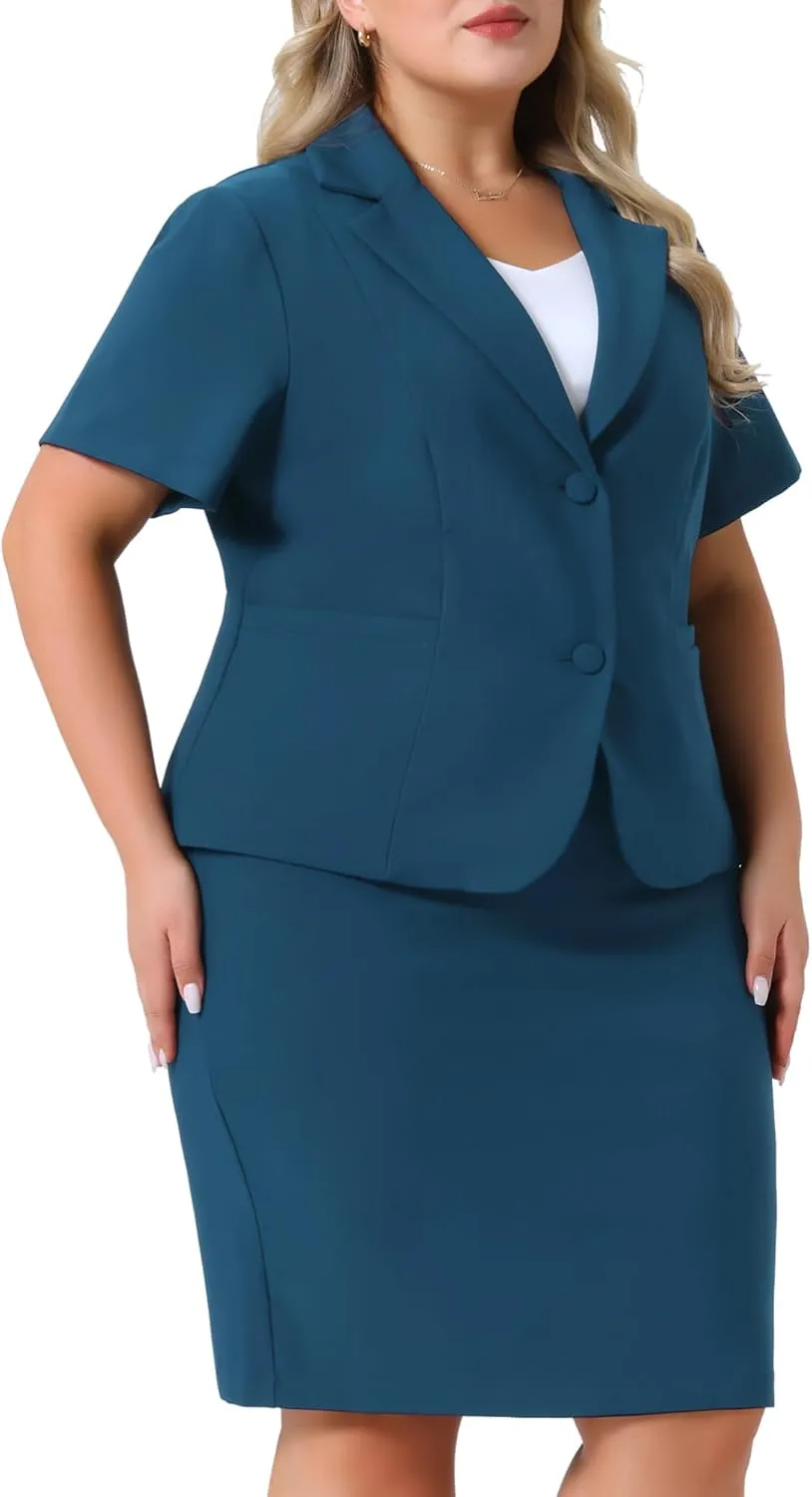 Agnes Orinda Plus Size Women Blazer Suits Notch Lapel Short Sleeve Office Pencil Skirt Business Skirt Set