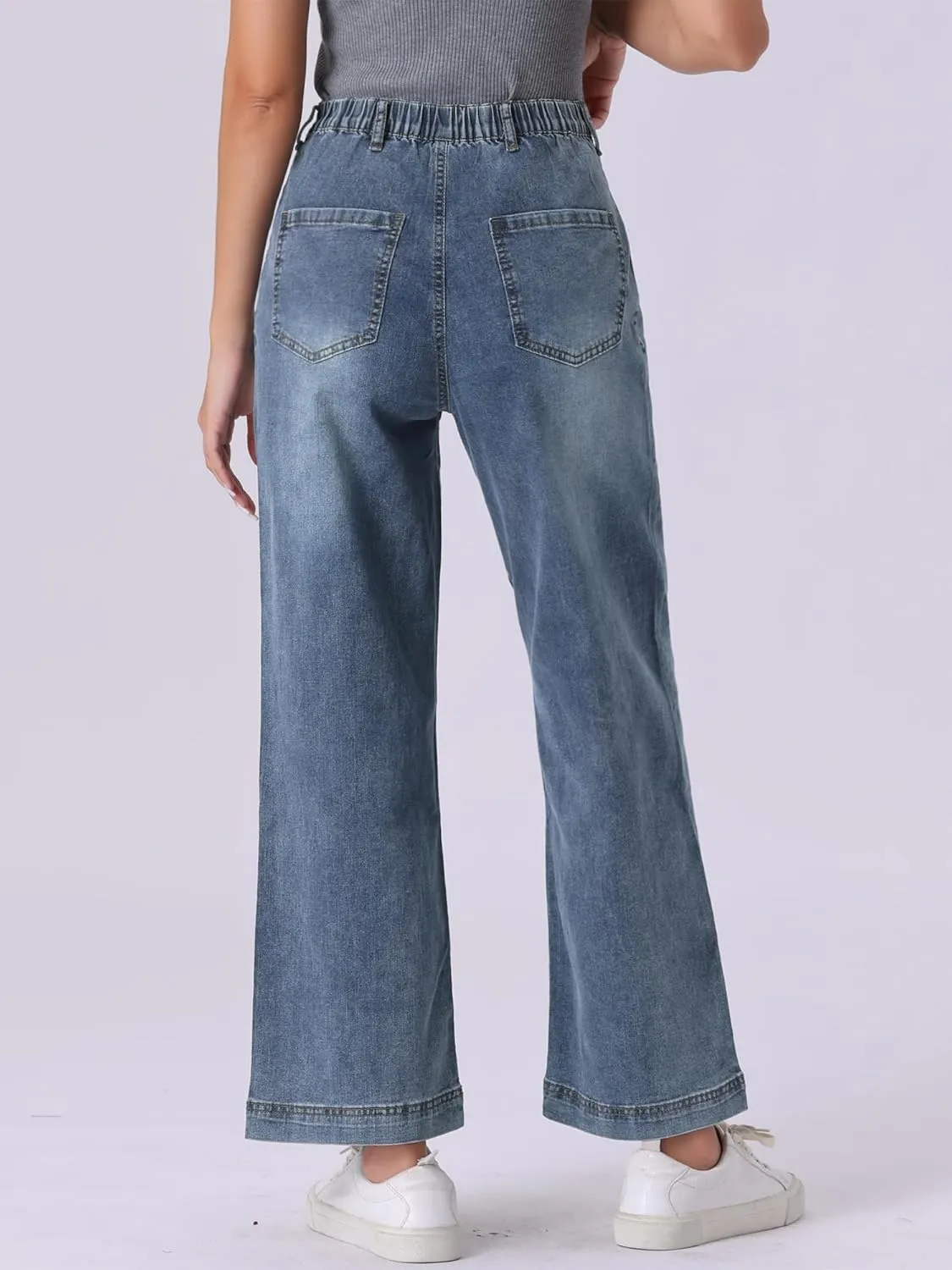 Allegra K Wide Leg Jeans for Women's High Waisted Stretchy Straight Leg Jeans Buttoned Loose Denim Pants