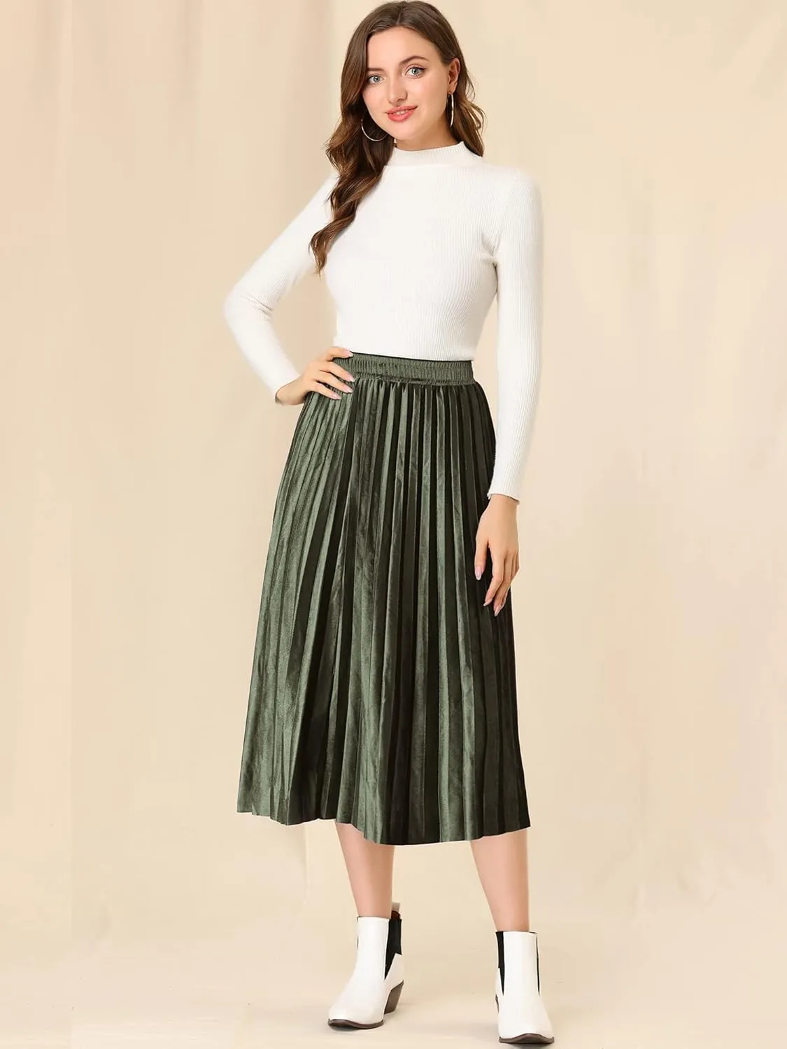Allegra K Women's Metallic Accordion Swing Midi Pleated Skirt
