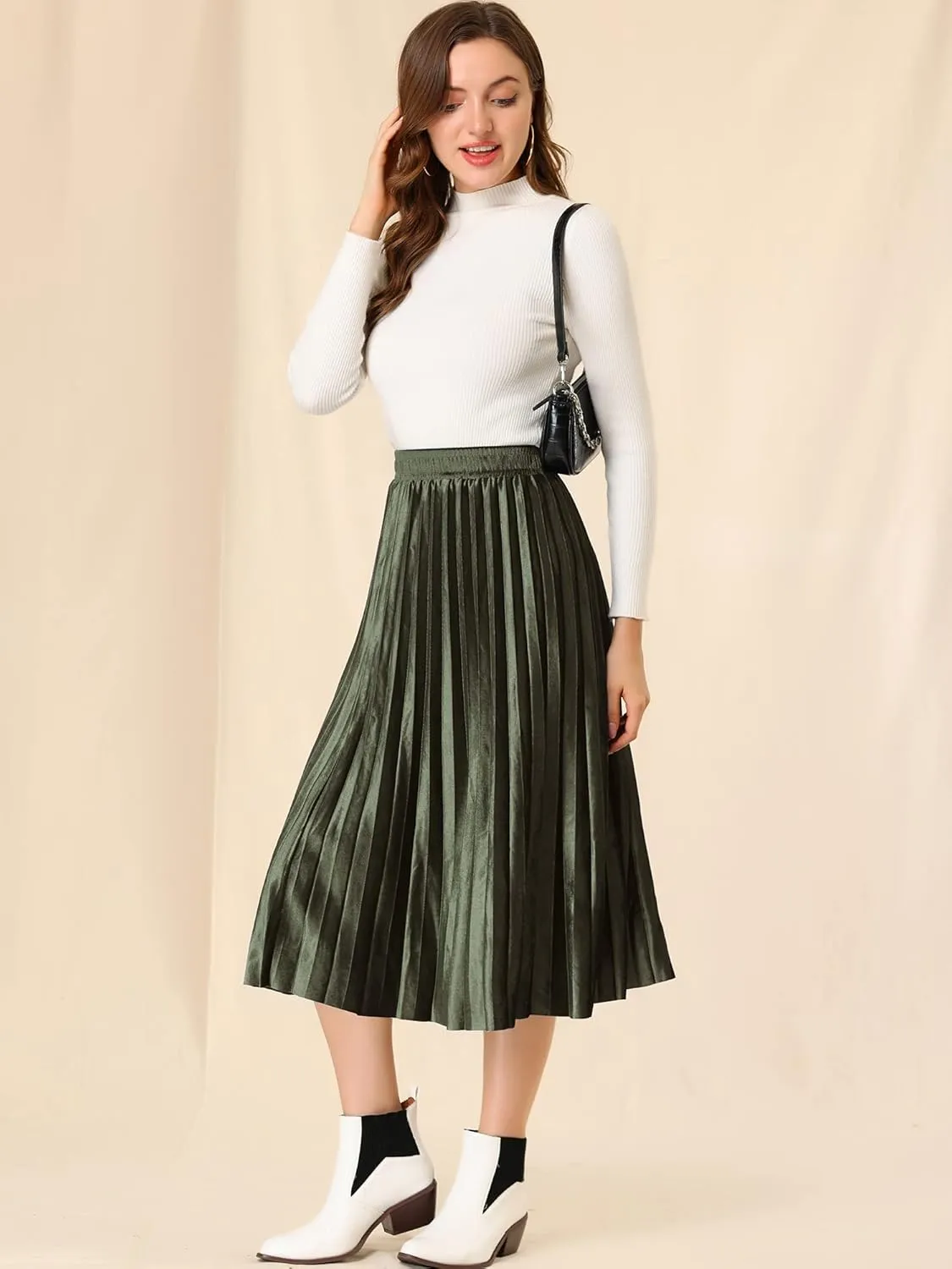 Allegra K Women's Metallic Accordion Swing Midi Pleated Skirt