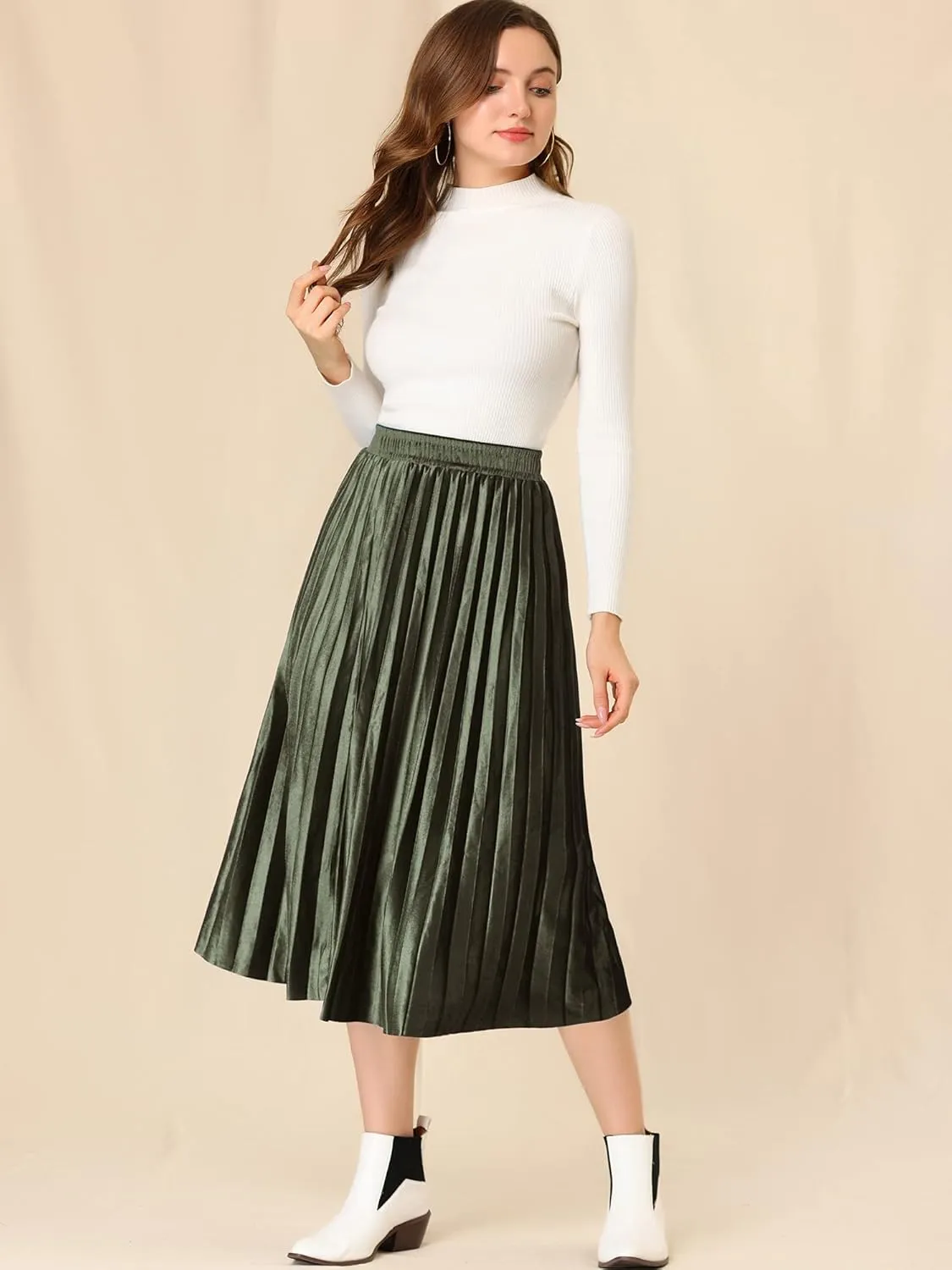Allegra K Women's Metallic Accordion Swing Midi Pleated Skirt
