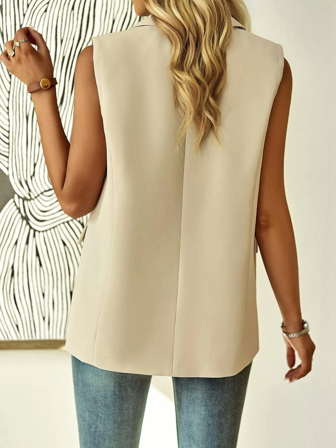 ALSOGO Women Sleeveless Blazer Vest Casual Open Front V Neck Fully-Lined Work Office Summer Jacket with Pockets Fashion 2025