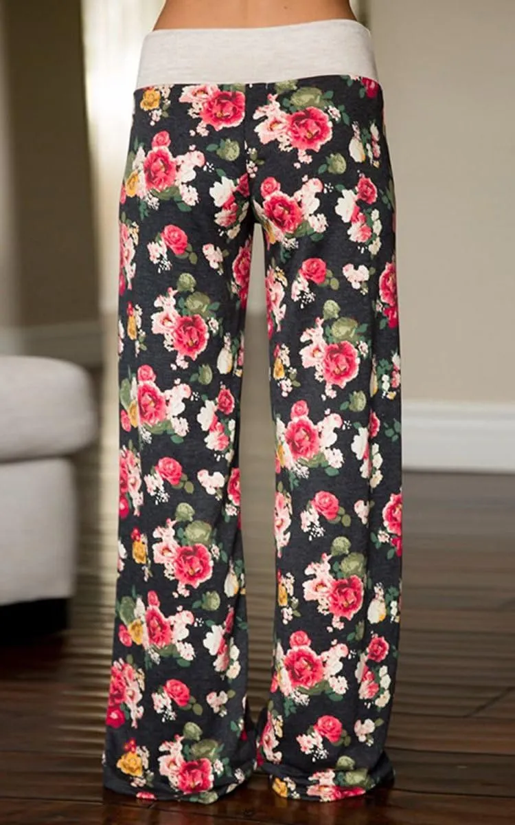 AMiERY Women's Comfy Casual Pajama Pants Floral Print Drawstring Palazzo Lounge Pants Wide Leg