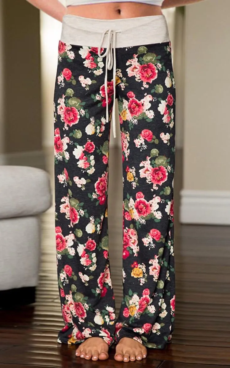 AMiERY Women's Comfy Casual Pajama Pants Floral Print Drawstring Palazzo Lounge Pants Wide Leg