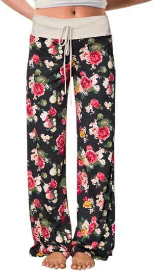 AMiERY Women's Comfy Casual Pajama Pants Floral Print Drawstring Palazzo Lounge Pants Wide Leg