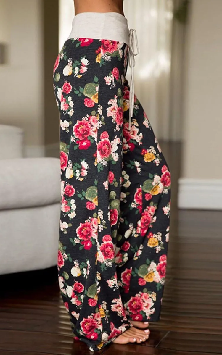 AMiERY Women's Comfy Casual Pajama Pants Floral Print Drawstring Palazzo Lounge Pants Wide Leg