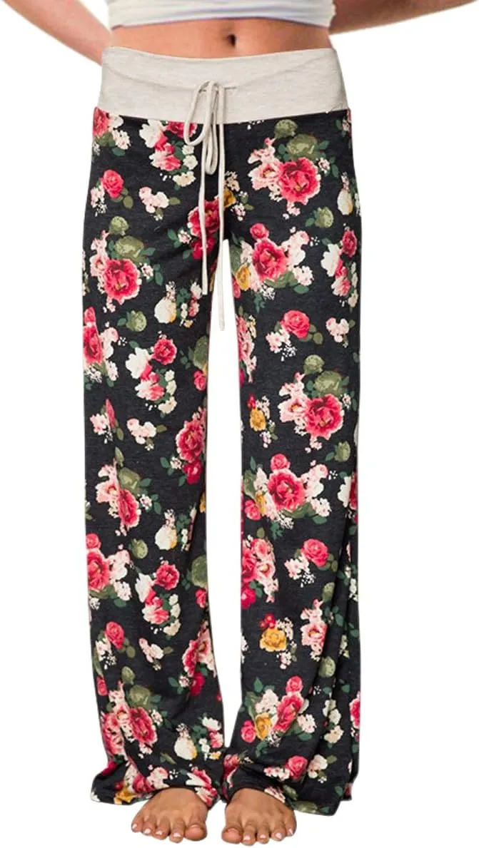 AMiERY Women's Comfy Casual Pajama Pants Floral Print Drawstring Palazzo Lounge Pants Wide Leg