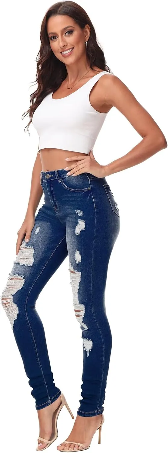 AMRSPENG Women's High Waisted Jeans for Women Ripped Stretch Skinny Butt Lifting Jeans Distressed Jeans Pants