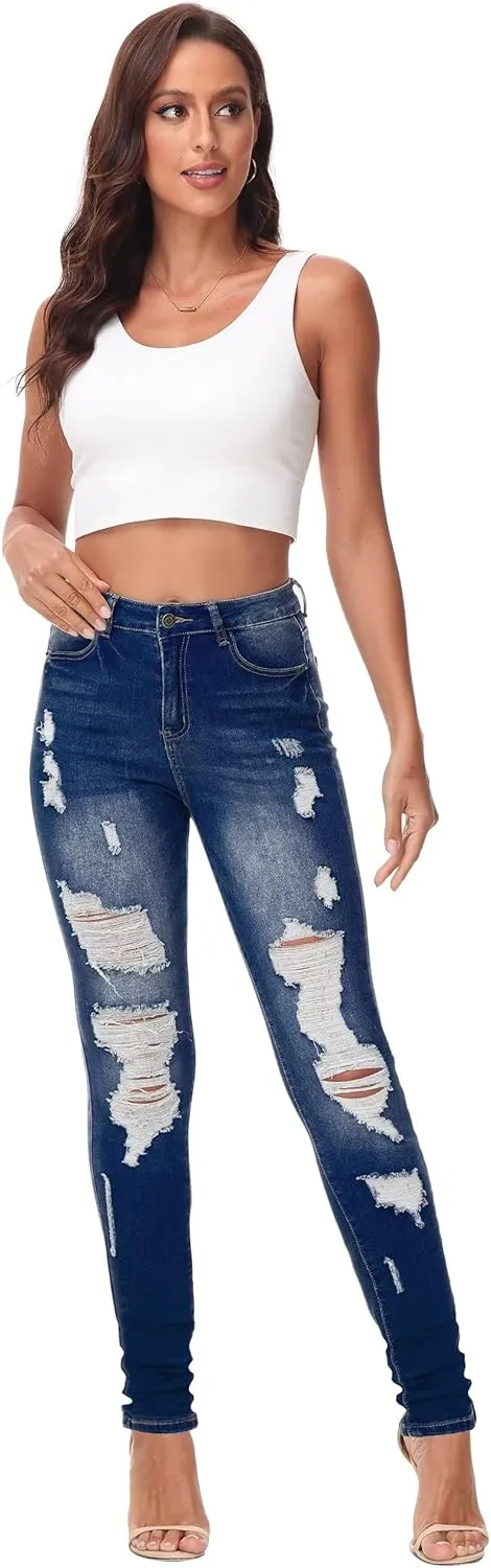 AMRSPENG Women's High Waisted Jeans for Women Ripped Stretch Skinny Butt Lifting Jeans Distressed Jeans Pants