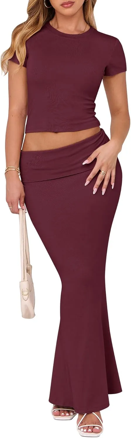 ANRABESS Skirt Sets for Women 2 Piece Outfits 2025 Summer Crop Top Fold Over Maxi Skirt Set Going Out Dress Casual Trendy