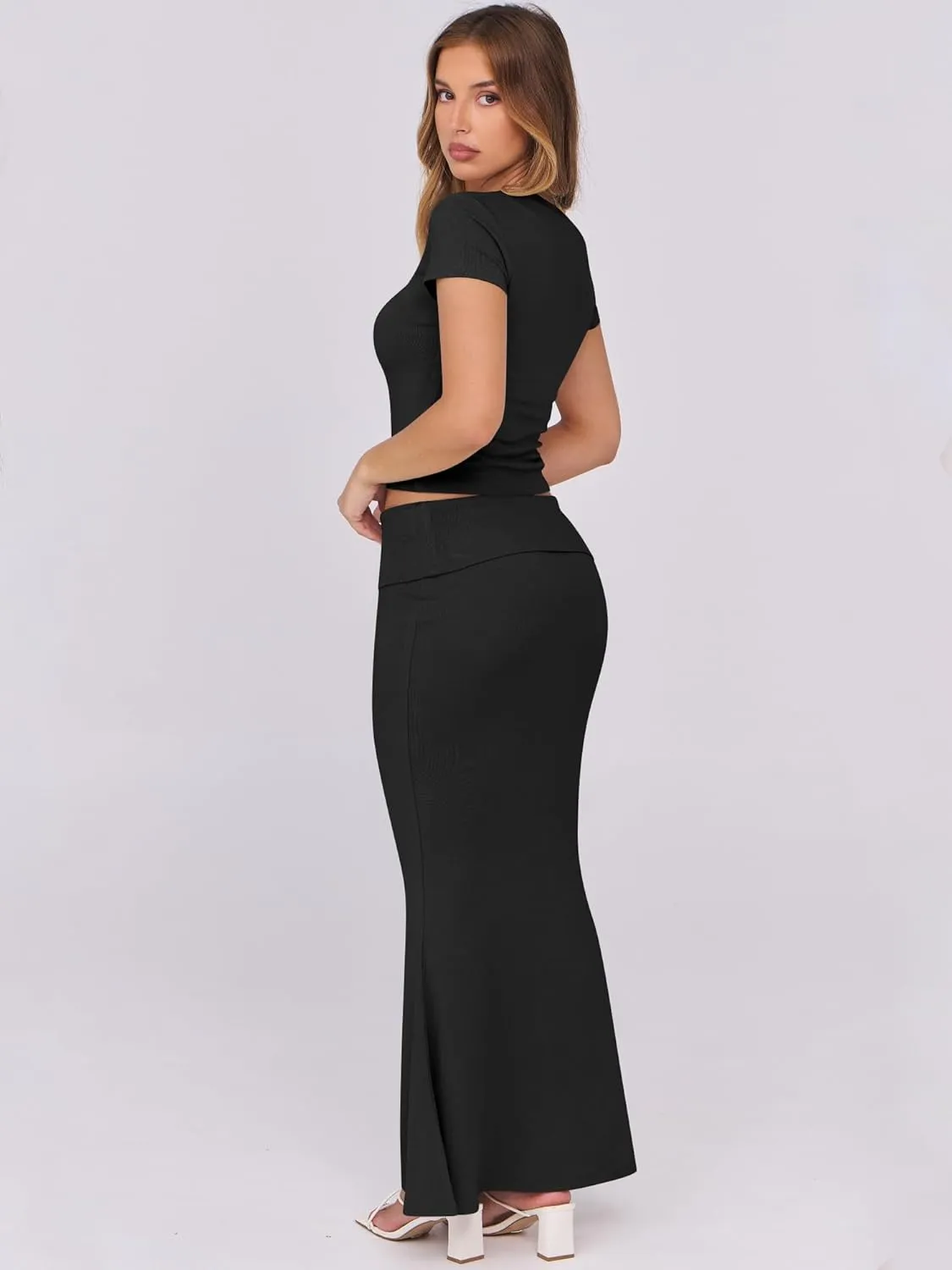ANRABESS Skirt Sets for Women 2 Piece Outfits 2025 Summer Crop Top Fold Over Maxi Skirt Set Going Out Dress Casual Trendy