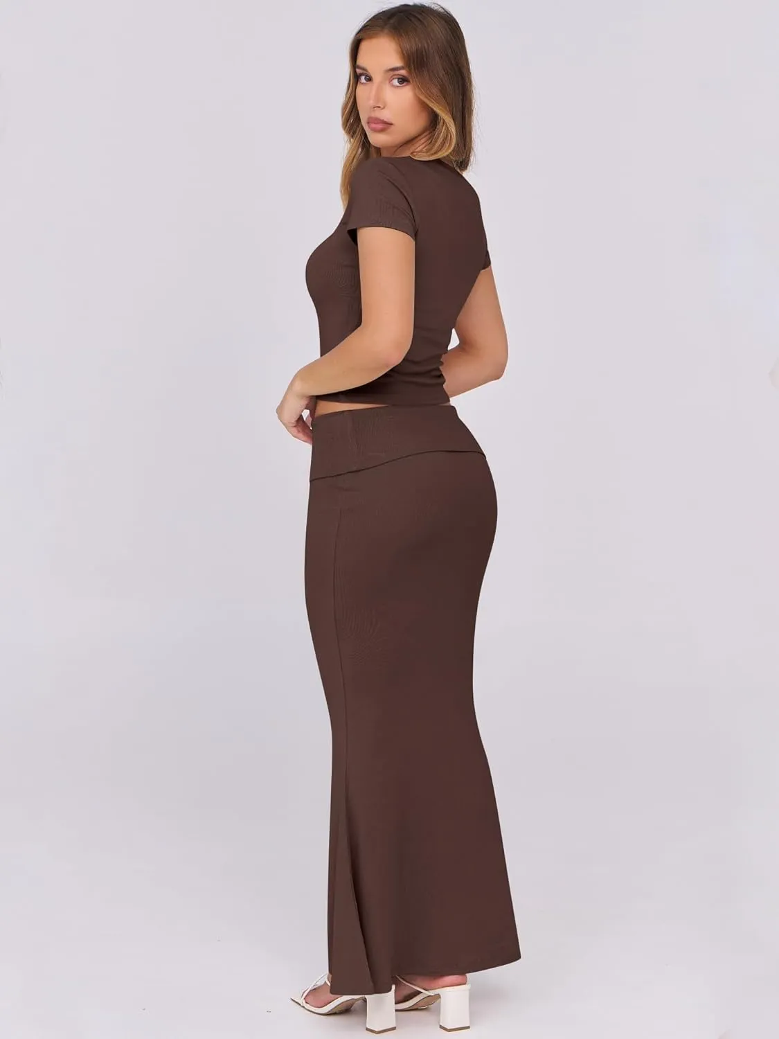 ANRABESS Skirt Sets for Women 2 Piece Outfits 2025 Summer Crop Top Fold Over Maxi Skirt Set Going Out Dress Casual Trendy