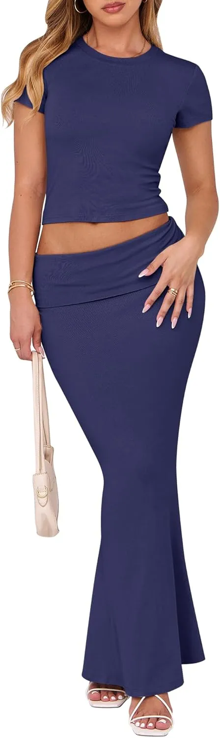 ANRABESS Skirt Sets for Women 2 Piece Outfits 2025 Summer Crop Top Fold Over Maxi Skirt Set Going Out Dress Casual Trendy