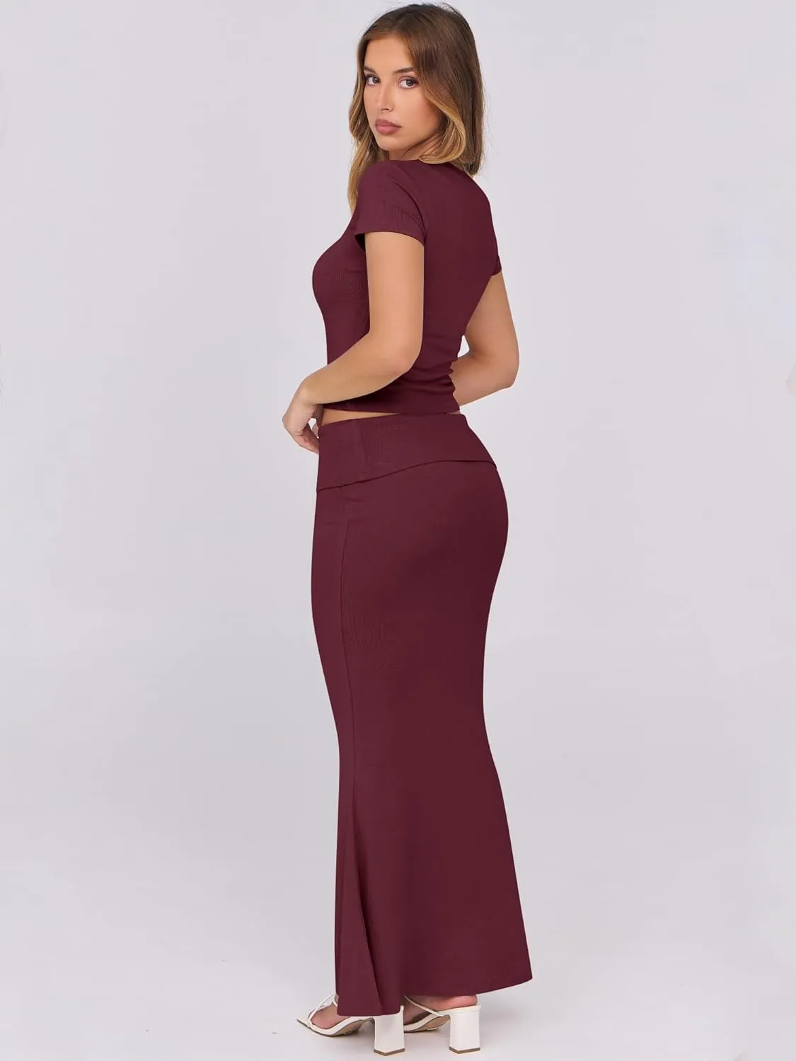ANRABESS Skirt Sets for Women 2 Piece Outfits 2025 Summer Crop Top Fold Over Maxi Skirt Set Going Out Dress Casual Trendy