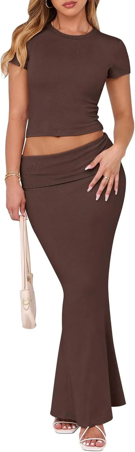 ANRABESS Skirt Sets for Women 2 Piece Outfits 2025 Summer Crop Top Fold Over Maxi Skirt Set Going Out Dress Casual Trendy