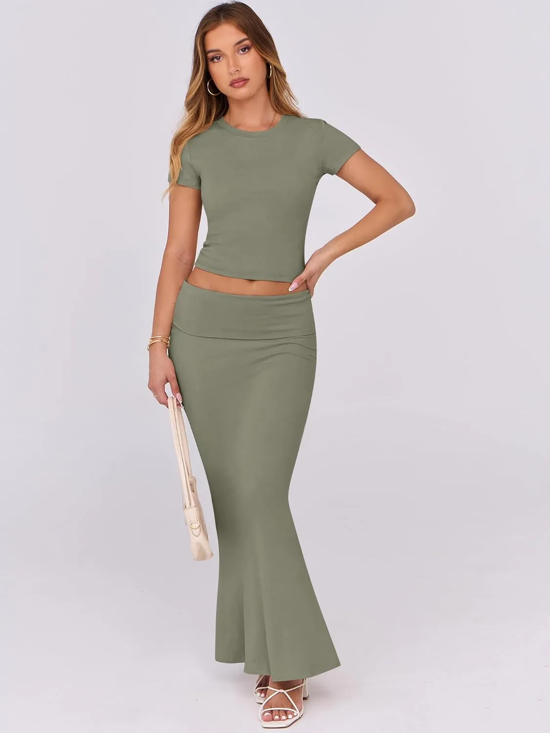 ANRABESS Skirt Sets for Women 2 Piece Outfits 2025 Summer Crop Top Fold Over Maxi Skirt Set Going Out Dress Casual Trendy