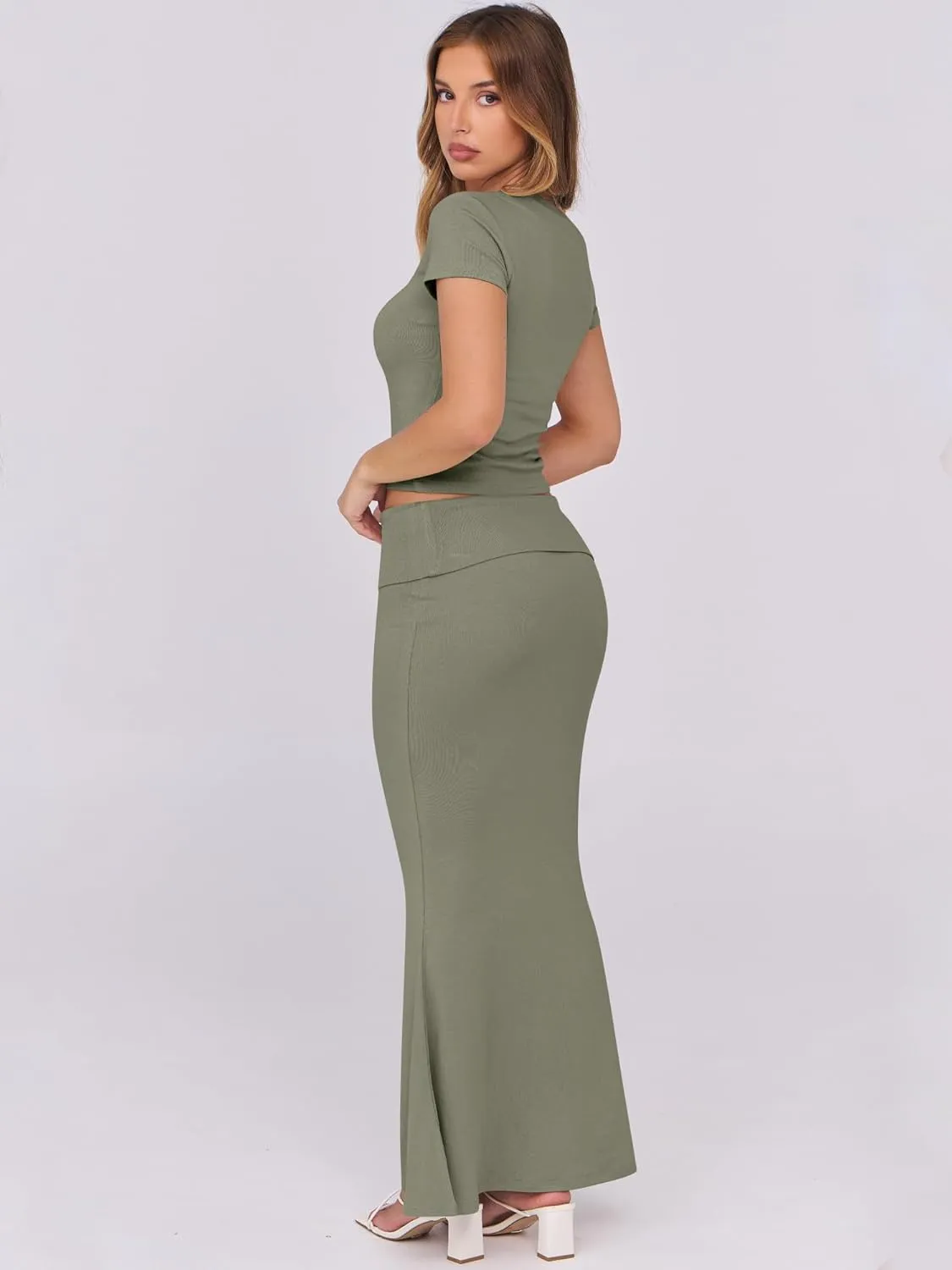 ANRABESS Skirt Sets for Women 2 Piece Outfits 2025 Summer Crop Top Fold Over Maxi Skirt Set Going Out Dress Casual Trendy