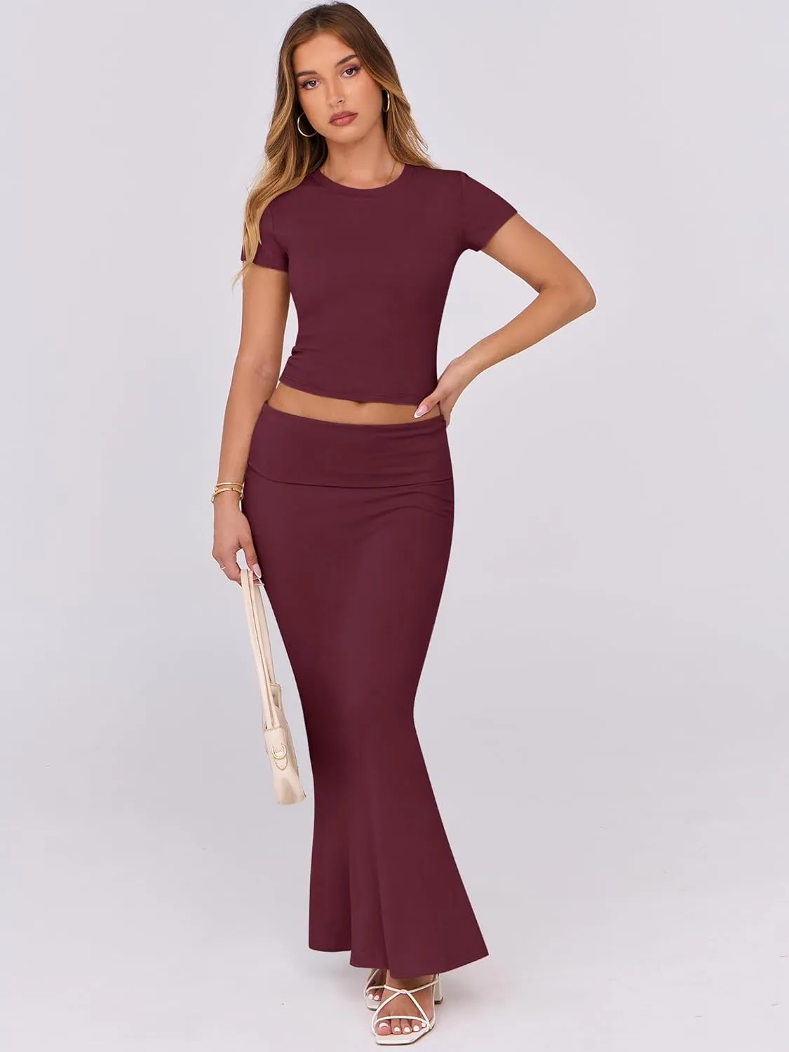 ANRABESS Skirt Sets for Women 2 Piece Outfits 2025 Summer Crop Top Fold Over Maxi Skirt Set Going Out Dress Casual Trendy