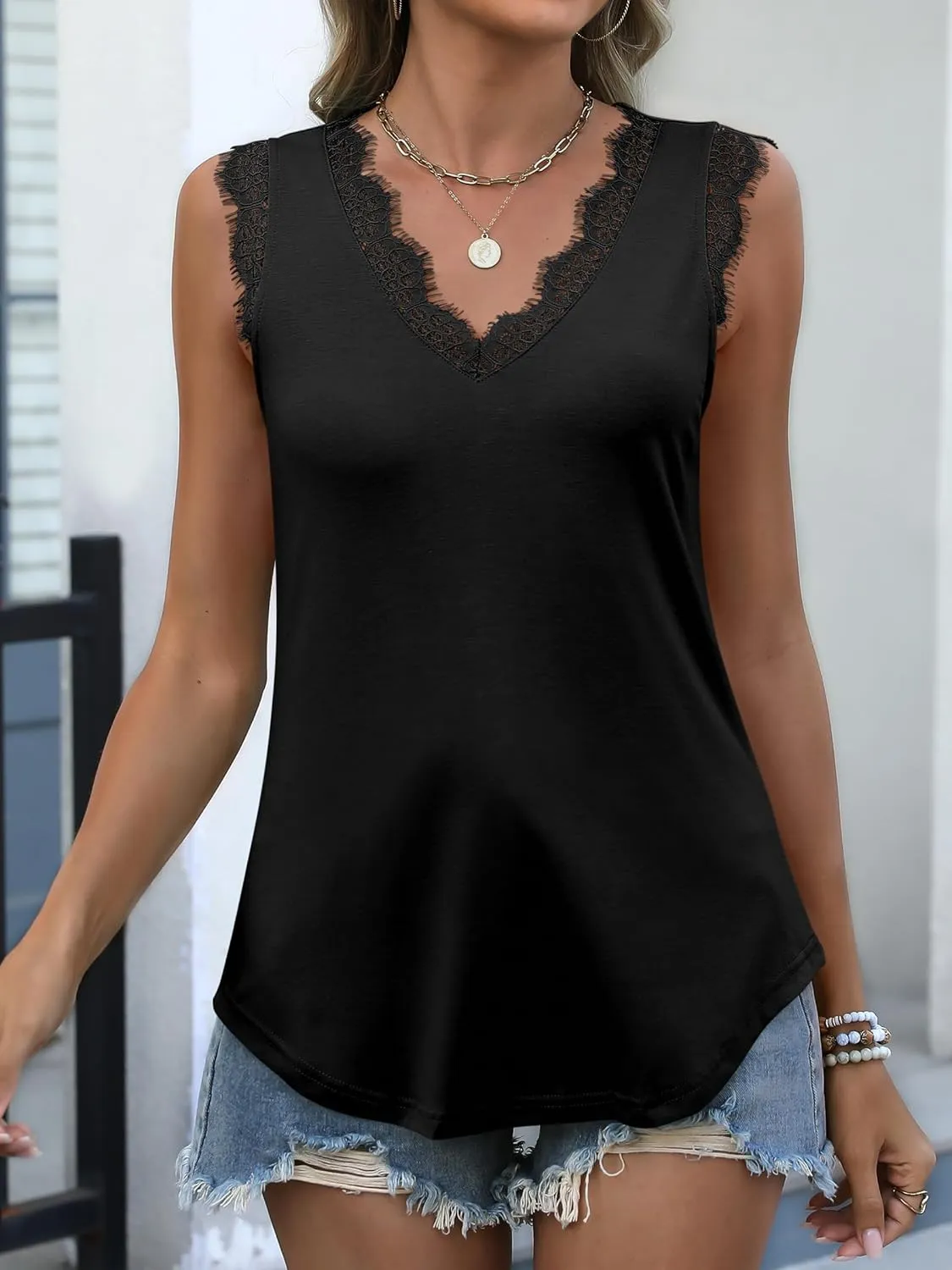 ANRABESS Womens Lace Trim Tank Tops V Neck Sleeveless Shirts 2025 Summer Casual Trendy Dressy Cami Top