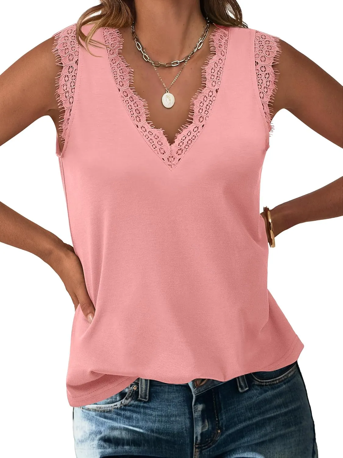 ANRABESS Womens Lace Trim Tank Tops V Neck Sleeveless Shirts 2025 Summer Casual Trendy Dressy Cami Top